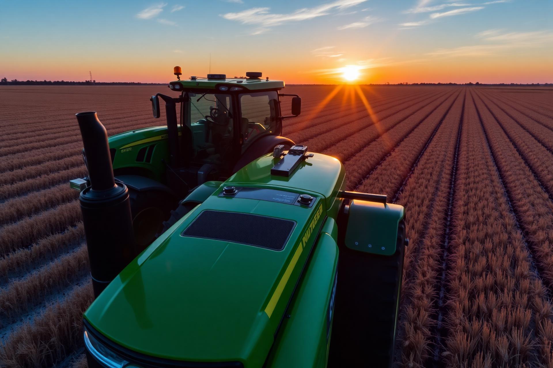 Trator com piloto automático G2W operando em lavoura ao pôr do sol
